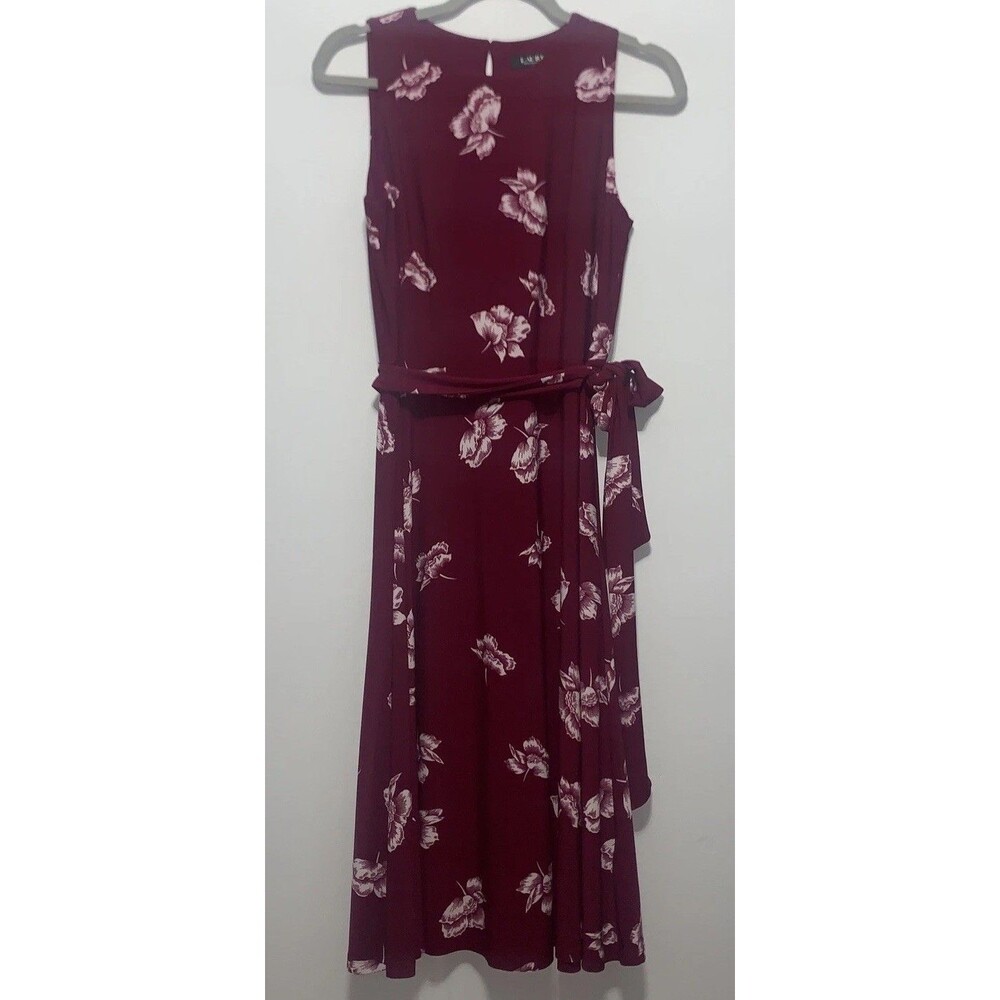 Lauren Ralph Lauren Black Label Floral Fit & Flare Dress w/ Belt Burgundy Size 8